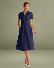 Navy Pocket Short Sleeve Midi Dress