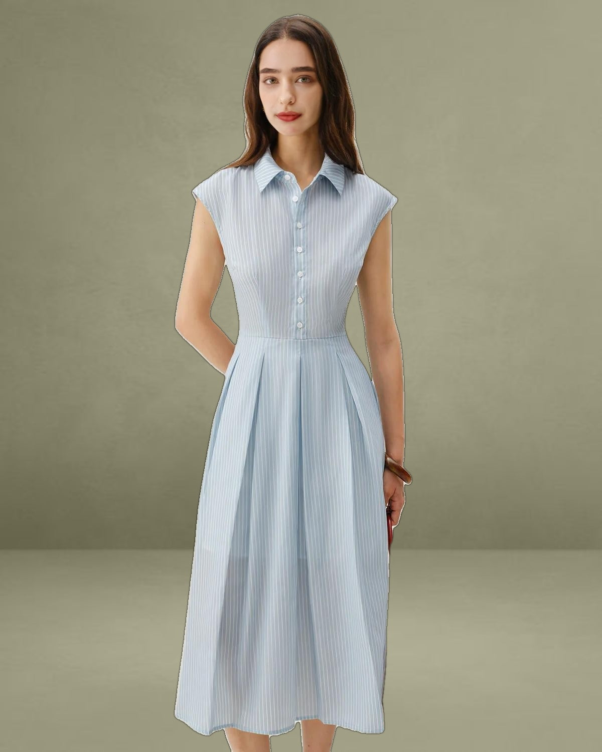 Blue Striped Cap Sleeve Midi Dress