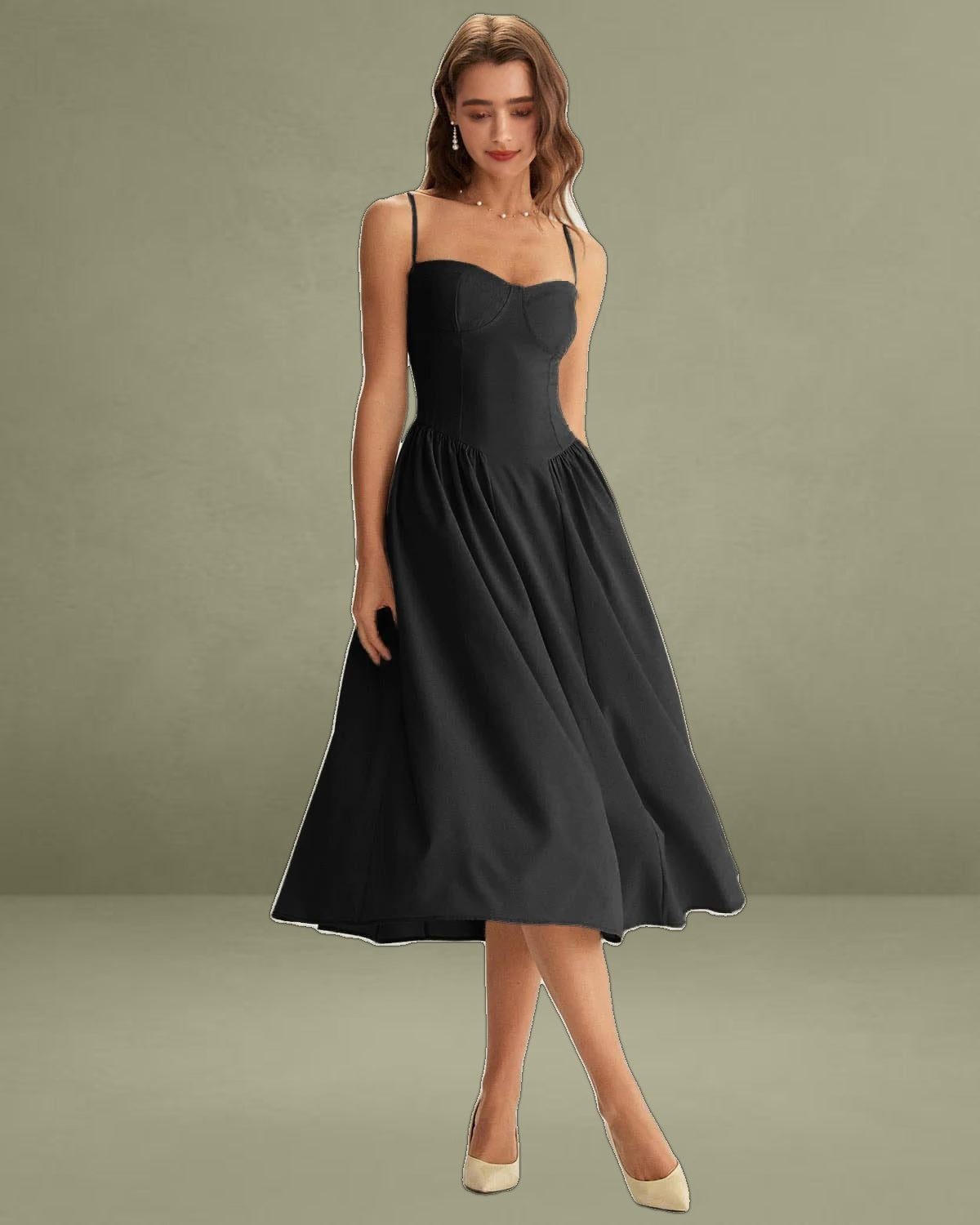 Black Square Neck Pocket Slip Midi Dress