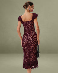 Wine Red Floral Mermaid Midi Dress