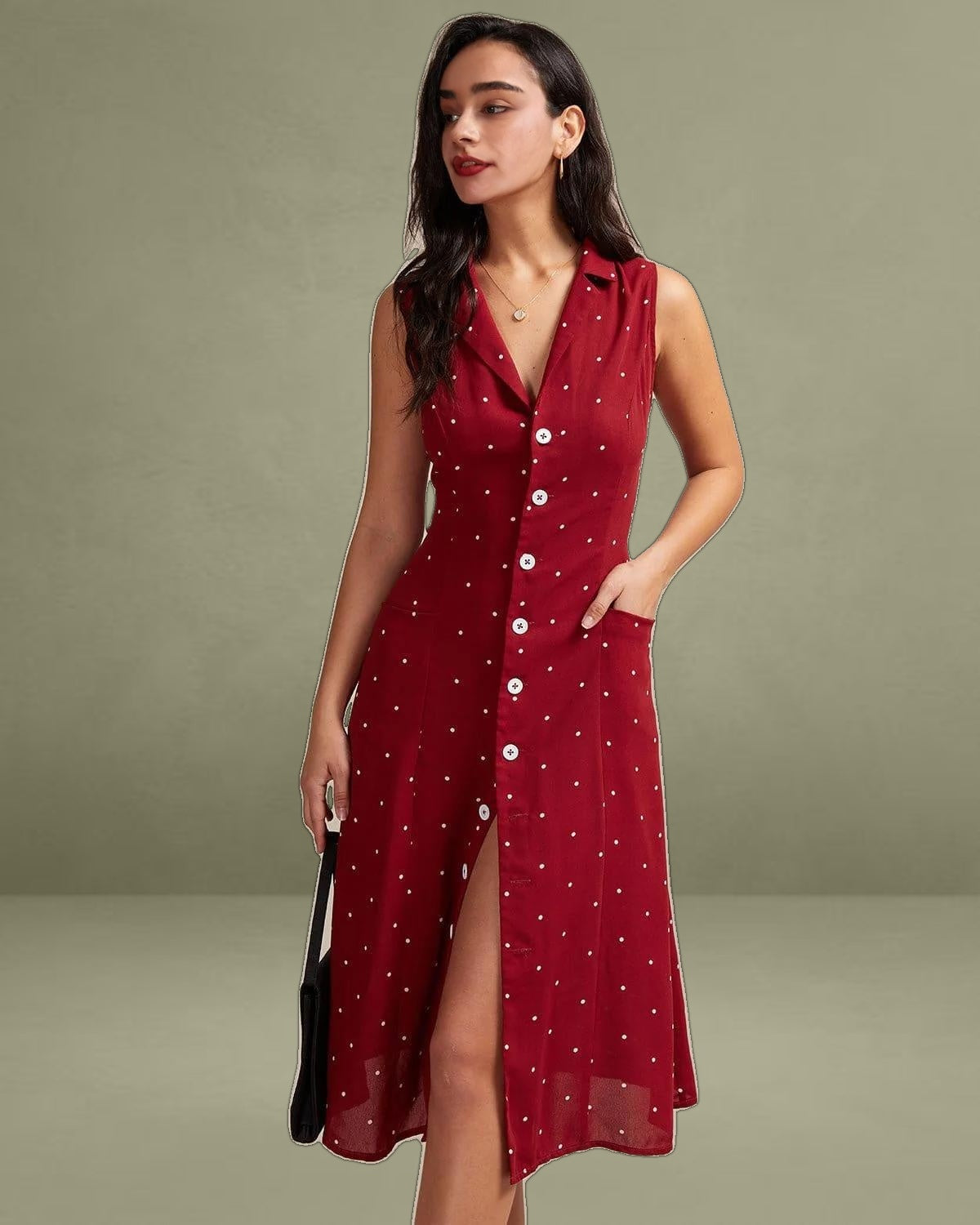 The Red V Neck Polka Dot Tie Back Midi Dress