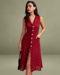 The Red V Neck Polka Dot Tie Back Midi Dress