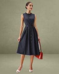 Navy Mock Neck High Waist Midi Dress