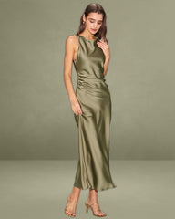 Green Satin Boat Neck Slip Midi Dress