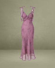 Purple Floral Ruffled Tie-Strap Midi Dress