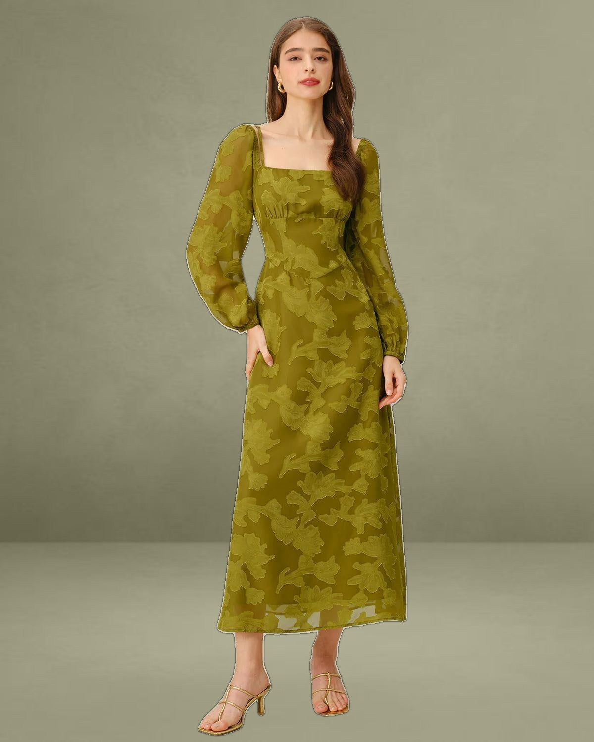 Green Floral Square Neck A-Line Maxi Dress