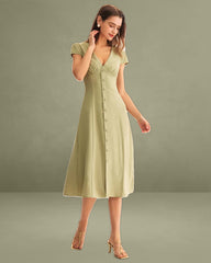 Green V-Neck Button Midi Dress