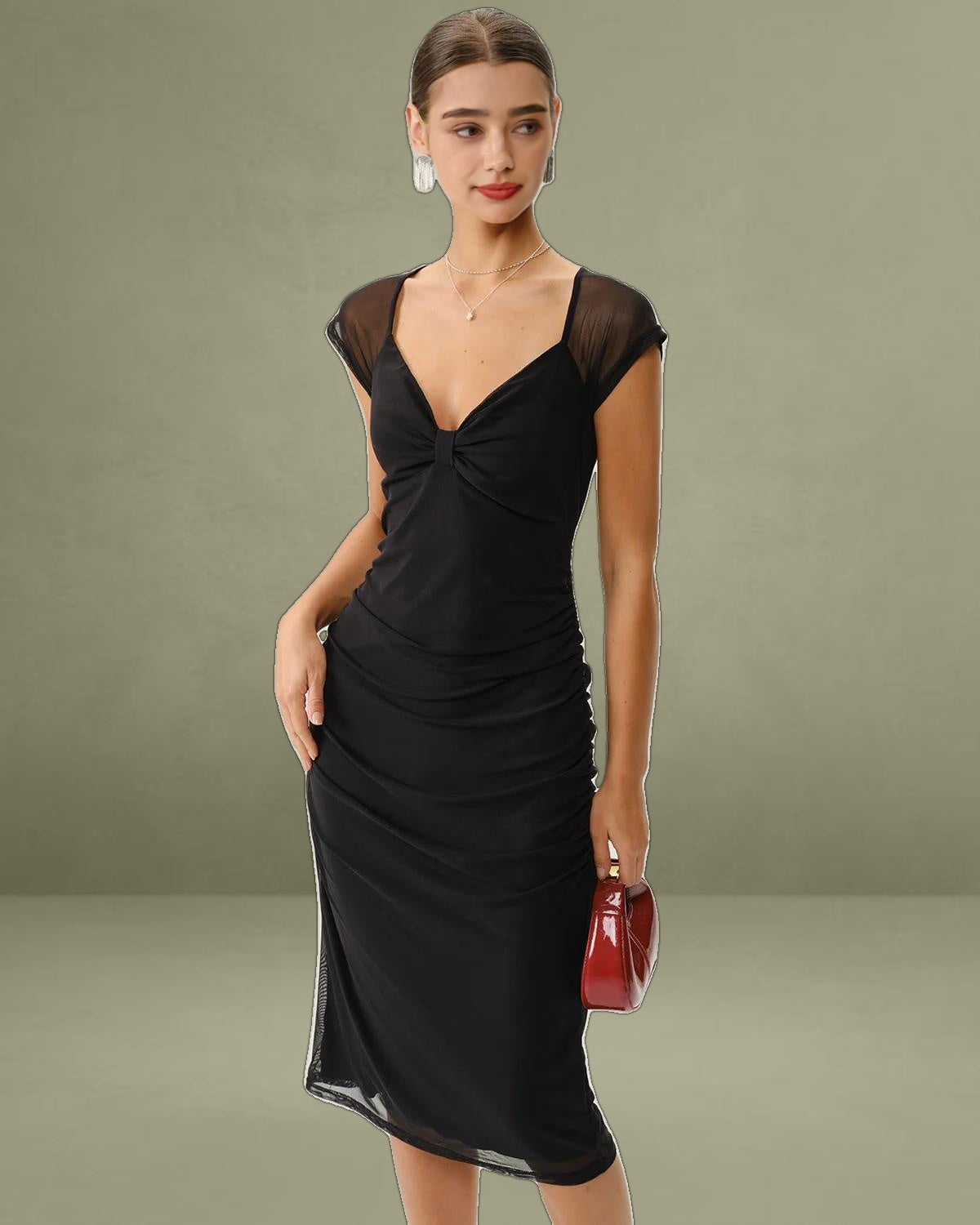 Black V Neck Mesh Midi Dress