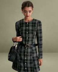 The Black Crew Neck Plaid A-Line Mini Dress