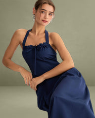 Navy Ruched Halter Midi Dress