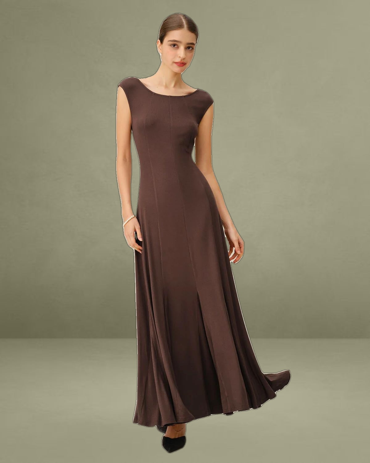 Coffee Boat Neck Knit Maxi Dress