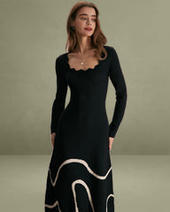 The Black Wave Scalloped Sweater Midi Dress