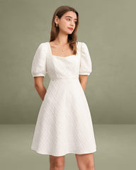 Solid Textured Puff Sleeve Short Dress