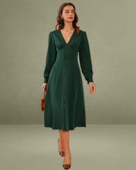 Green Ruched Button Midi Dress