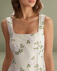 Beige Square Neck Embroidery Slit Slip Mini Dress