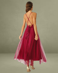 Wine Red Mesh Flowy Slip Midi Dress