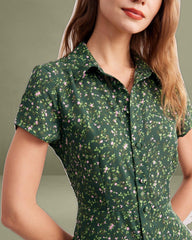 The Green Lapel Button Up Floral Midi Dress
