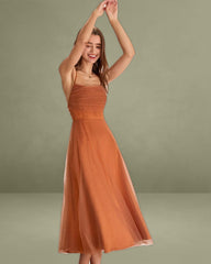 Caramel Mesh Flowy Slip Midi Dress
