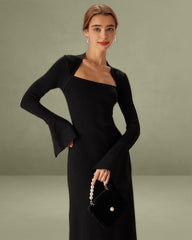 The Black Square Neck Flare Sleeve Midi Dress